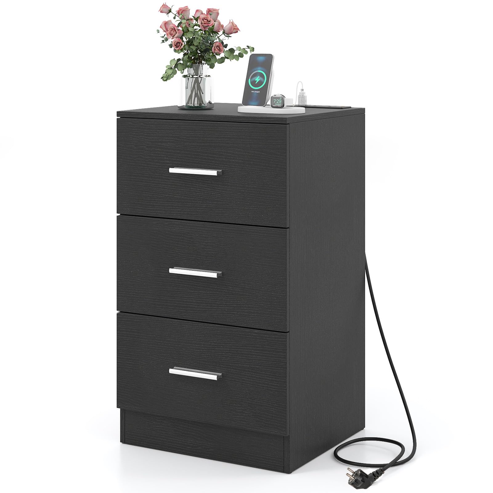 COSTWAY Table de Chevet avec Prise, Table de Nuit 3 Tiroirs, Commode Chambre Bois avec Poignée, Meuble Tiroir Rangement pour Bureau, Salon, 38 x 35 x 66 CM (Noir)