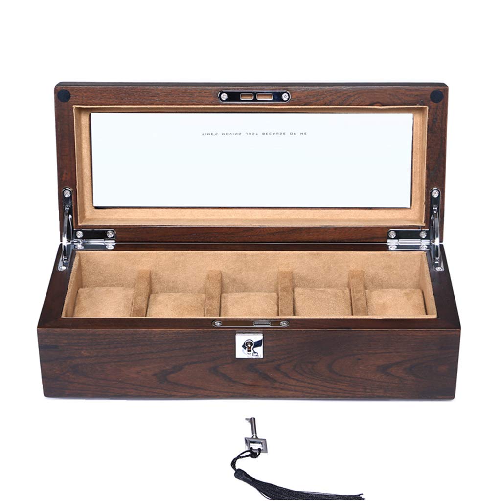Caja de reloj, caja de colección de joyas, soporte organizador, bandeja para pulsera, caja de almacenamiento de exhibición de madera con tapa de vidrio y 5 almohadas de almacenamiento extraíbles