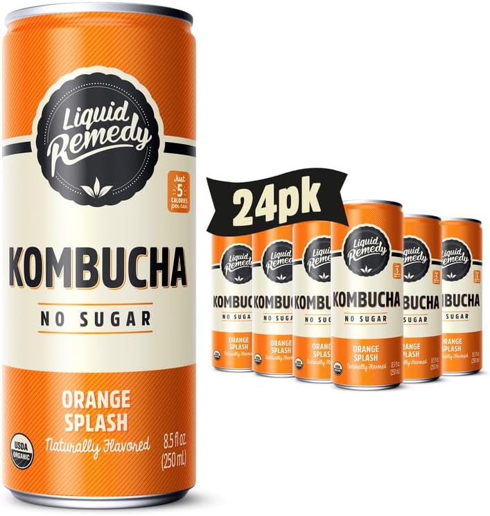 Liquid Remedy Kombucha Sugar Free Organic Drink, Low Calorie, Probiotic Like Tea for Gut Health - Orange Splash - 8.5 Fl Oz Can, 24-Pack
