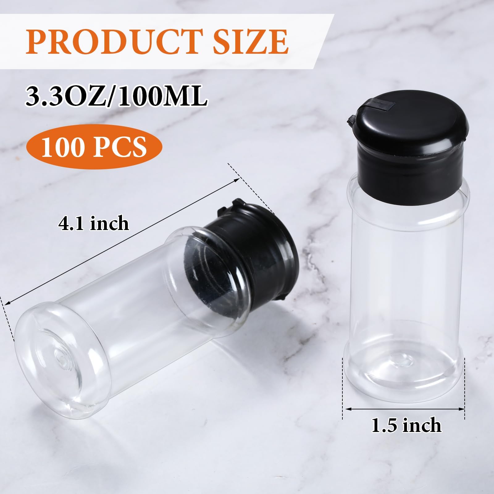 Amyhill 100 Pcs Plastic Spice Bottles Spice Jars Seasoning Jars Spice Bottles Spice Shaker Plastic Jars 3.3 Oz/ 100ml Seasoning Shaker with Shaker Lids for Storing Spice, Seasoning Powders (Black Lid)