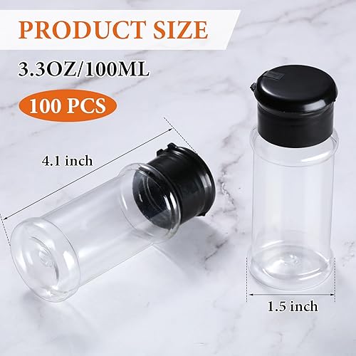 Miniatura 8 de 100 botellas de plástico para especias, frascos de condimentos, botellas de especias, frascos de plástico para especias de 3.3 onzas, coctelera de