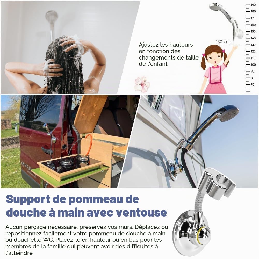Support de Pommeau de Douche à Ventouse, Support de Douche Réglable, Rotatif à 360°, Supports Douchette Sans Perçage Supports de Douches à Main pour Caravane, Camping-car, Salle de Bain