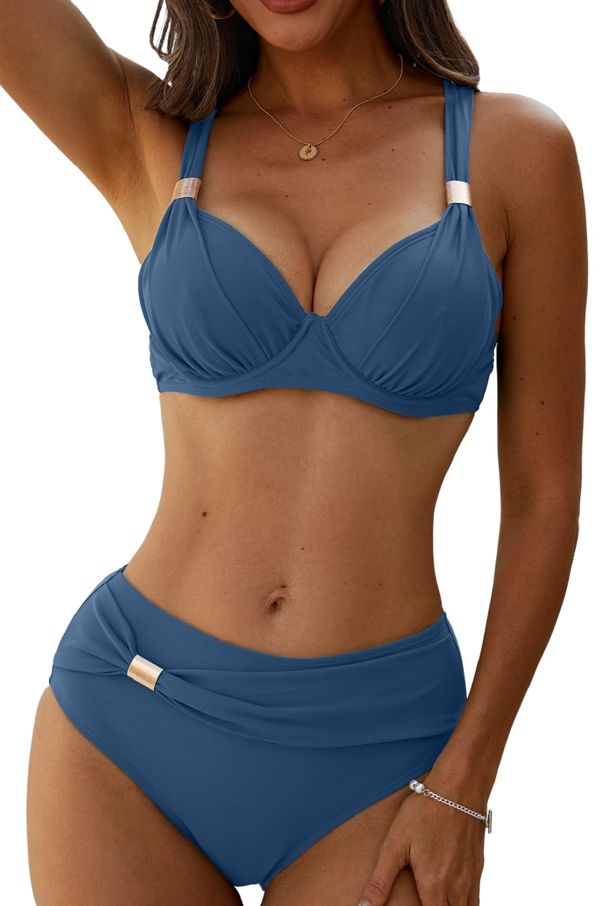 Yutdeng Bañador Dos Piezas Mujer Braga Alta Bikini Push Up con Aros Bikinis Reductor Barriga Talle Alto Vientre Plano con Pliegue Traje De Baño Mujer 2 Piezas Ropa de Baño Biquini — view 8