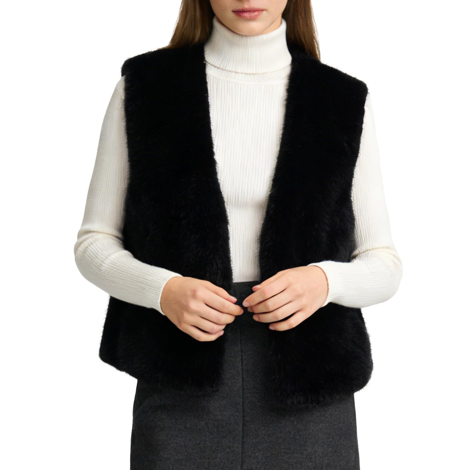 TDEOK Bontvest voor dames, kunstbont, bontvest, zwart, kort vest, kunstleer, wintervest, modern overgangsvest, slimfit, wintervest, gevoerd, vest, verdikt bont, bovenstuk, oversized, getailleerd jack