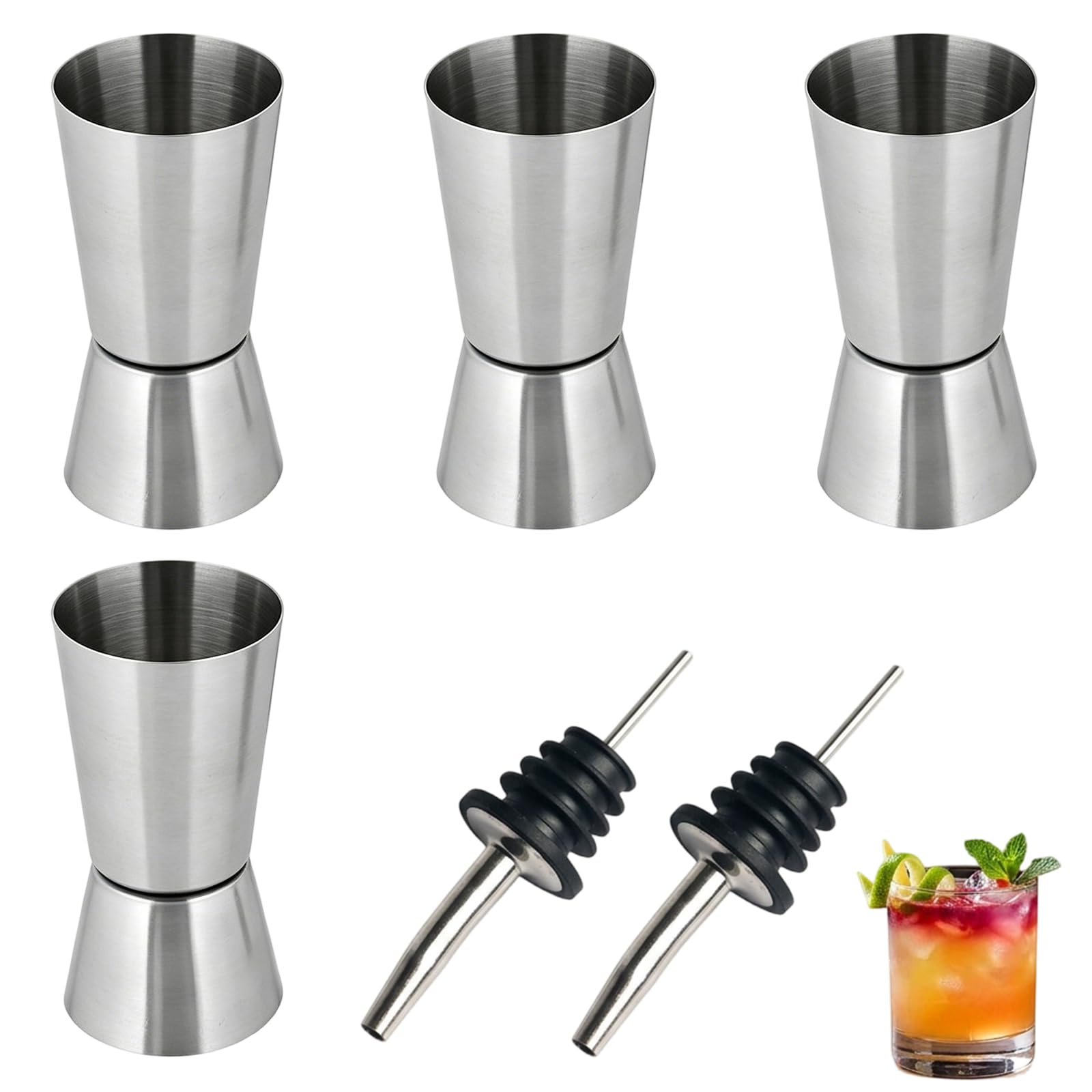 4 PCS 25ml/50ml Spirit Measure Cups with 2 PCS Bottle Pourers, Stainless Steel Measuring Tools, Bar Accessory for Accurate Alcohol Measurement at Home, Party and Daily Gathering
