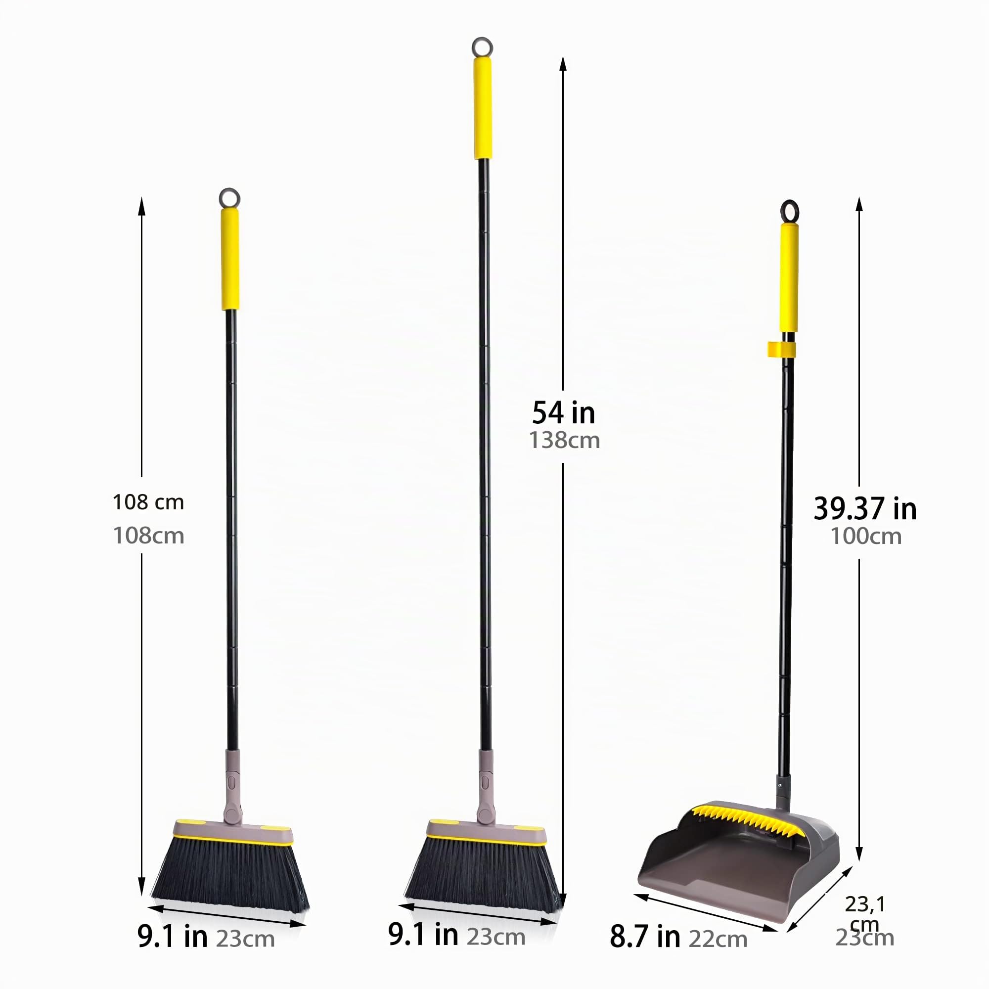 JEHONN Escoba Alta y Recogedor Plegable, Cepillo Barrer Mango Largo, Juego de Sartenes para Interior, Cabeza Giratoria 180° (Marrón Amarillo)