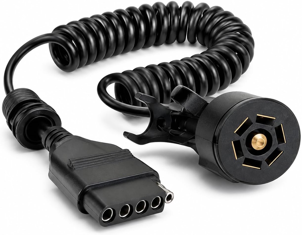 7 Way to 5 Way Trailer Adapter, Coiled 7-Way RV Blade (7 Pin) to 5-Way Flat Trailer Wiring Connector, Heavy Duty Spiral Cable, Plug & Play