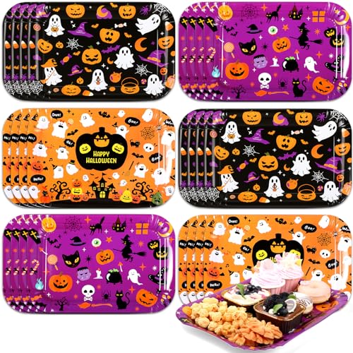 Acellegic 24 Pcs Halloween Serving Trays 13 X 9 Inch Large Platters Pumpkin Bat Ghost Food Trays For Movie Night Halloween Birthday Party Supplies