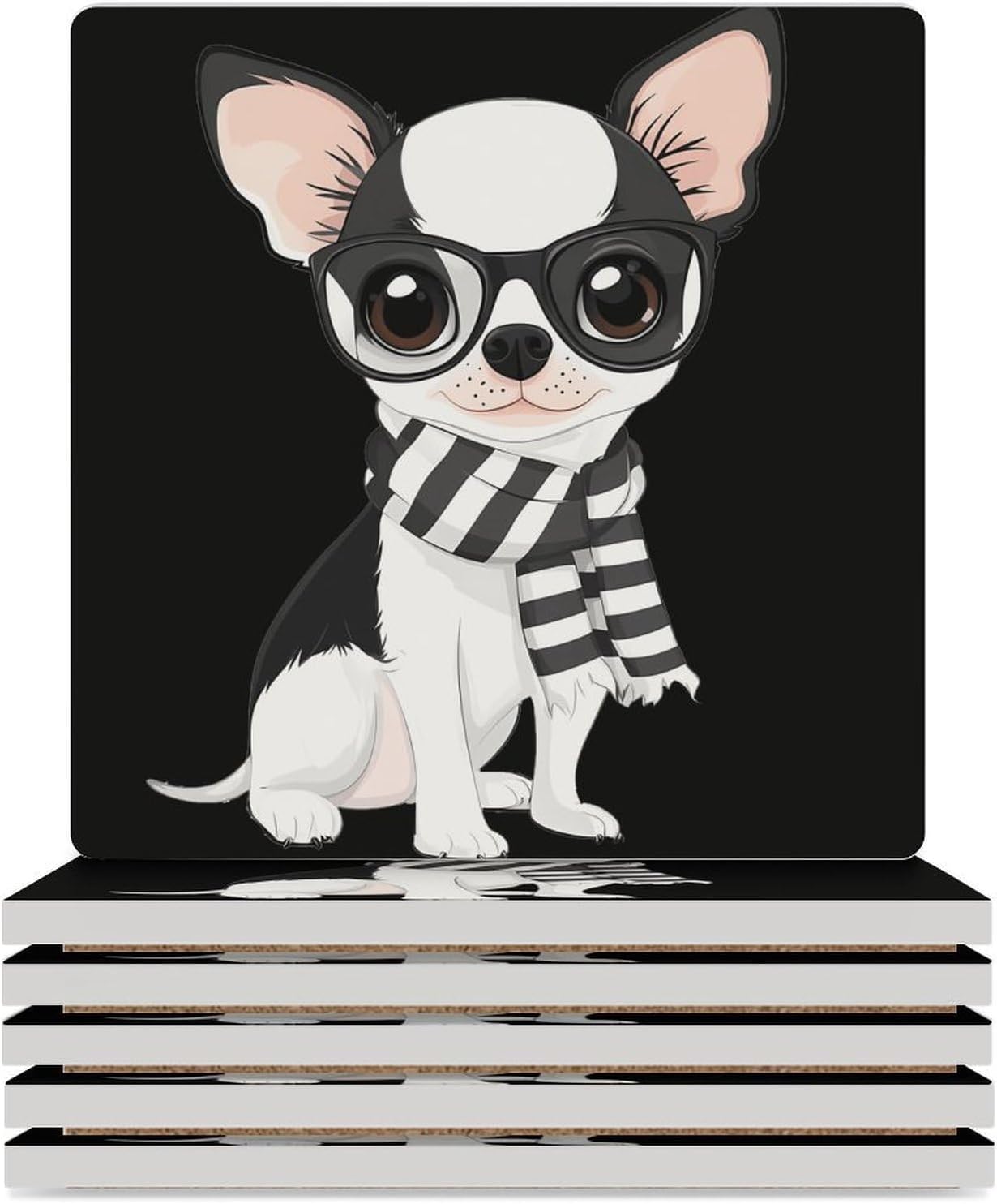 Chihuahua Puppy Glasses Scarf Ceramic Coasters Square Drinks Coaster Coffee Table Decor Table Coaster for Home Bar