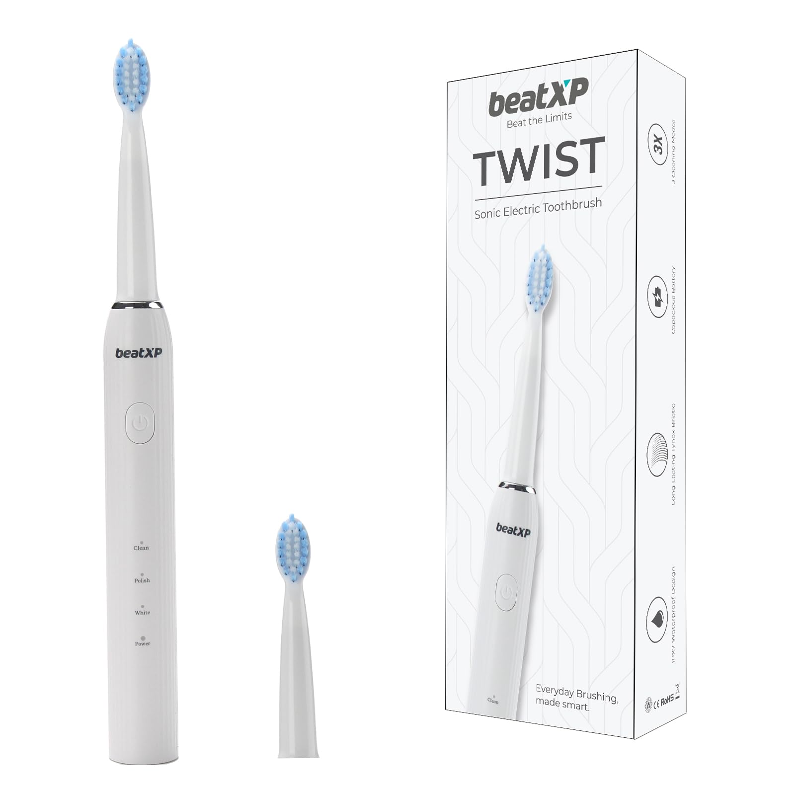 beatXP Twist Sonic Electric Toothbrush for Adults with 4X Plaque Removal & 2 Brush Heads & 3 Cleaning Modes | Rechargeable Electric Toothbrush | 20500 strokes/min with Long Battery Life (White)