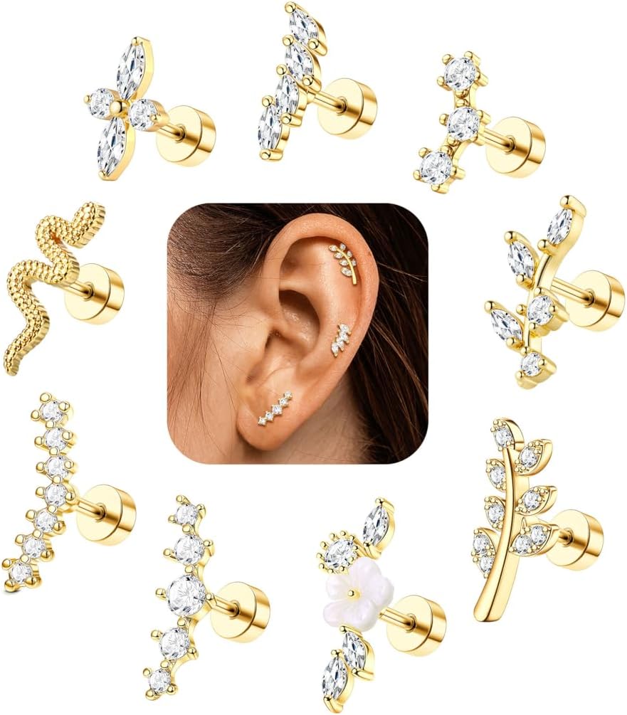 Cartilage Earrings for Women Flat Back - Hypoallergenic Surgical Stainless Steel Stud Earring Set for Sensitive Ears CZ Daith Conch Tragus Helix Piercing Jewelry 9Pcs 16G 18G
