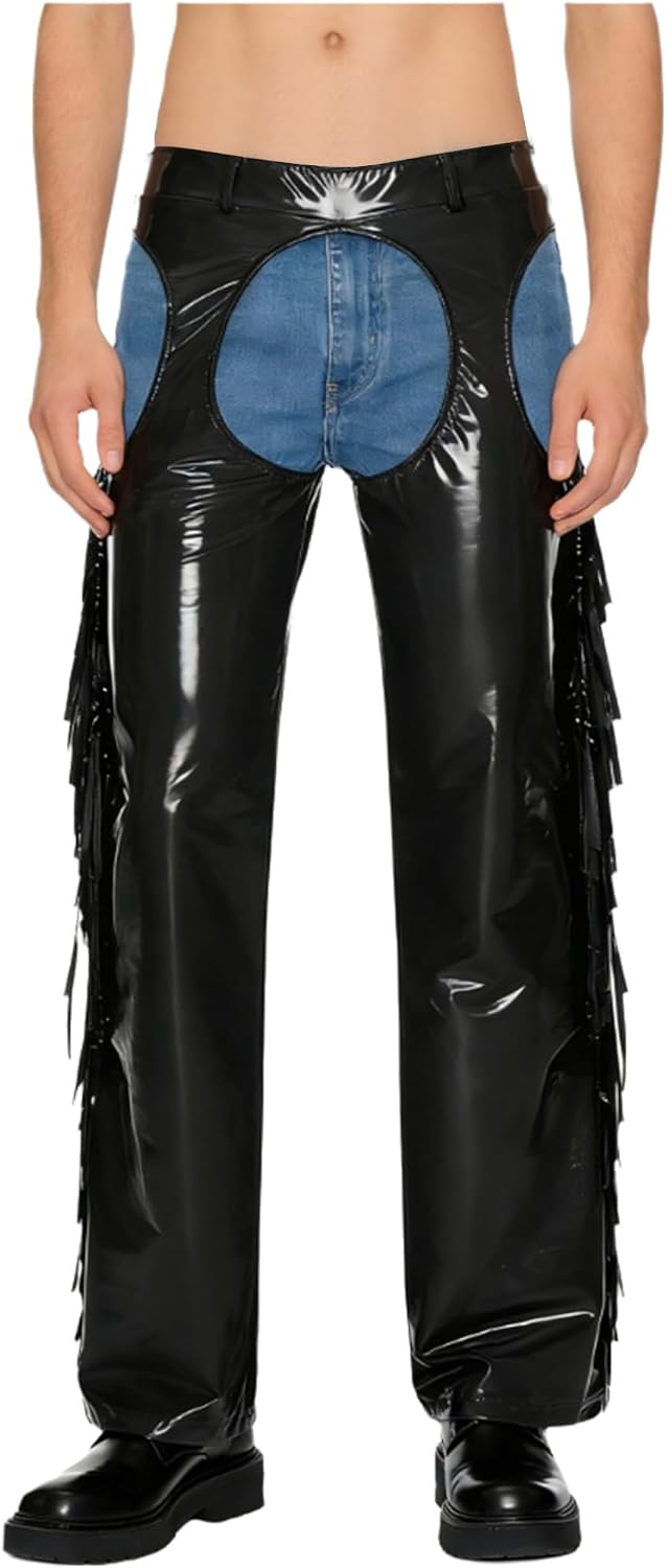 Mufeng Men's Hollow-Out Glossy Chaps Shiny Tassel Side Seams Wide Leg Long Pants for Club Party