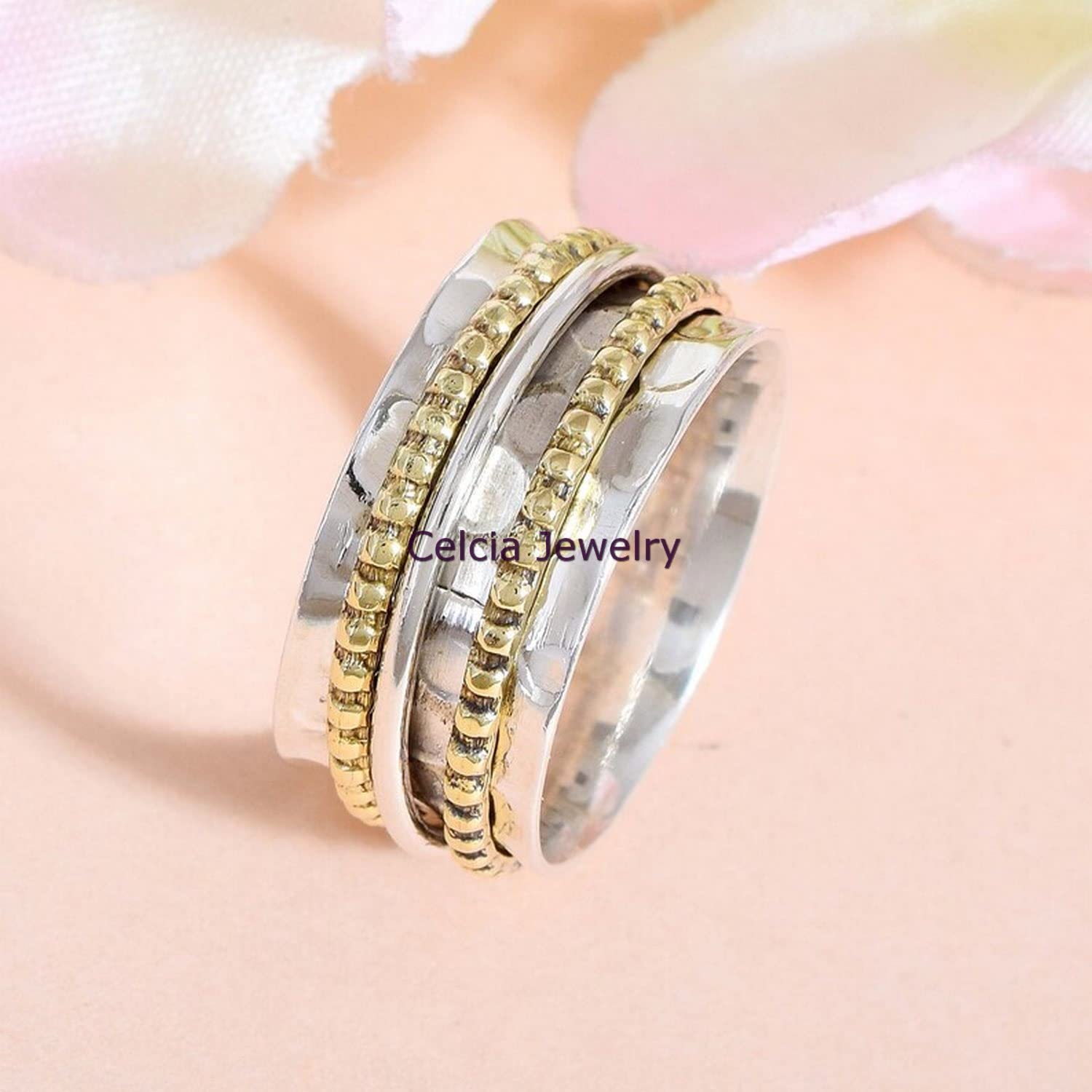 Gehämmerter massiver 925 Sterling Silber Spinner Ring für Frauen und Männer, handgemachter Spinner Meditationsring, schöner Hochzeitsgeschenkring, zarter Ring, zweifarbiger Ring