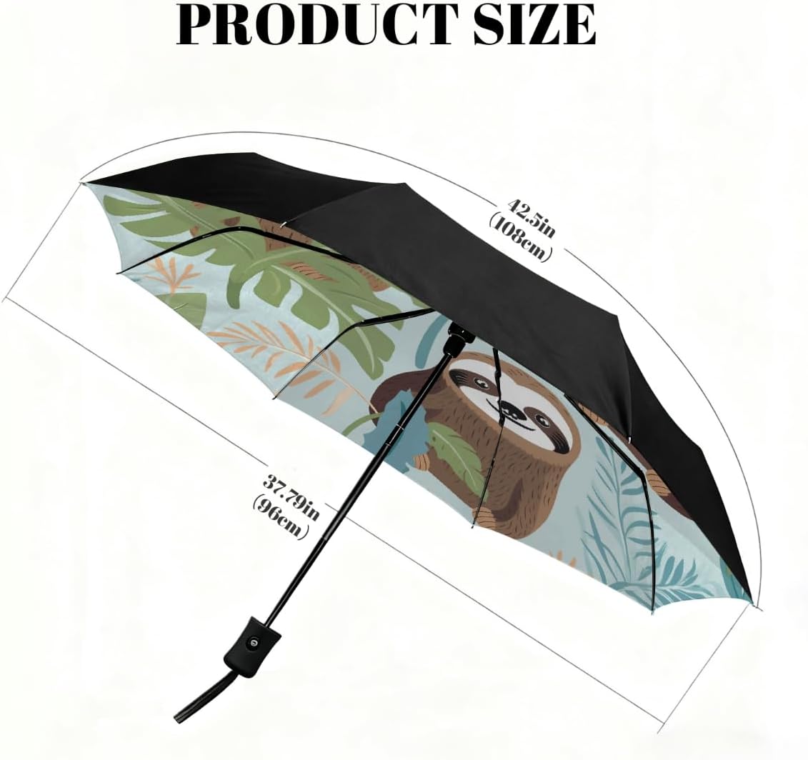 Cute Sloth Tropical Palm Leaves Folding Umbrella Windproof Compact Lightweight Travel Umbrella with 8 Reinforced Ribs, Portable UV Sun & Rain Protection for Men & Women