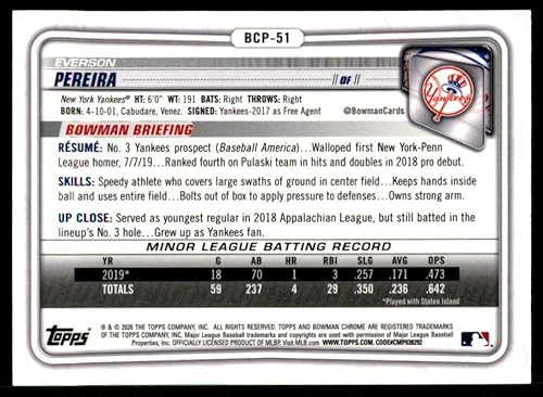 Miniatura 2 de 2020 Bowman Chrome Prospects Baseball #BCP-51 Everson Pereira New York Yankees Official MLB Trading Card in Near Mint to Mint Condition