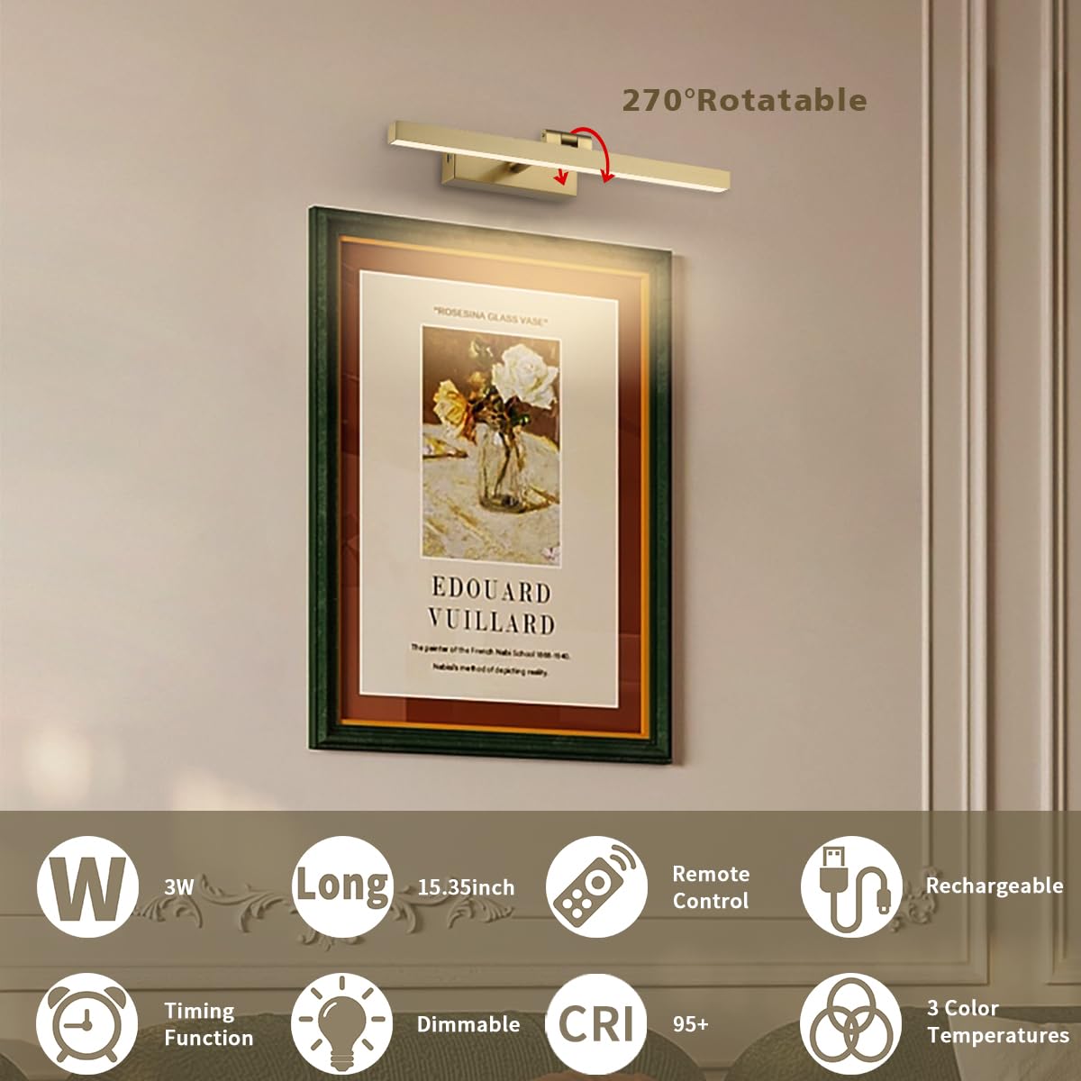 Luz de galería inalámbrica a pilas con control remoto, luces de pared recargables de latón de 15.35 pulgadas, regulables y apagadas 4