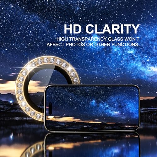 Image of Choiche Compatible for iPhone 15 Pro /iPhone 15 Pro Max Camera Lens Protector Bling, 9H Tempered Glass Camera Cover Screen Protector Metal Ring Decoration Accessories (Diamond-Gold)