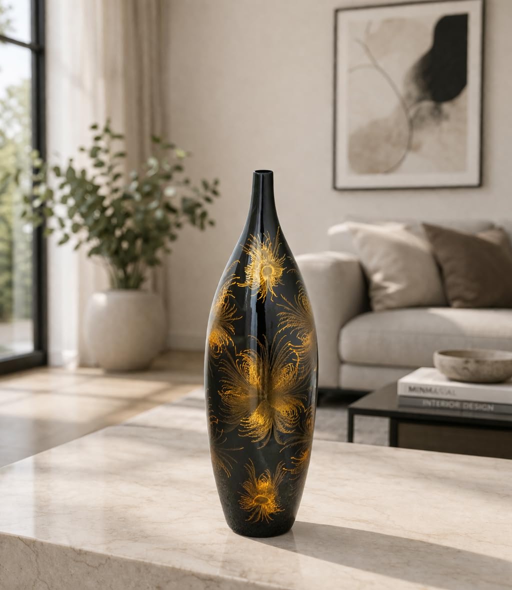 Elegante jarrón de cerámica negro con diseño de fuegos artificiales dorados, 51 cm, cuello estrecho, jarrón decorativo para sala de estar moderna decoración del hogar