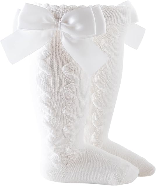 Baby Girls Bow Knee High Socks Frilly Stockings Mid-Calf Length Princess Sock Black White Red Socks for 0-5 Years (Beige, 3-18 Months)