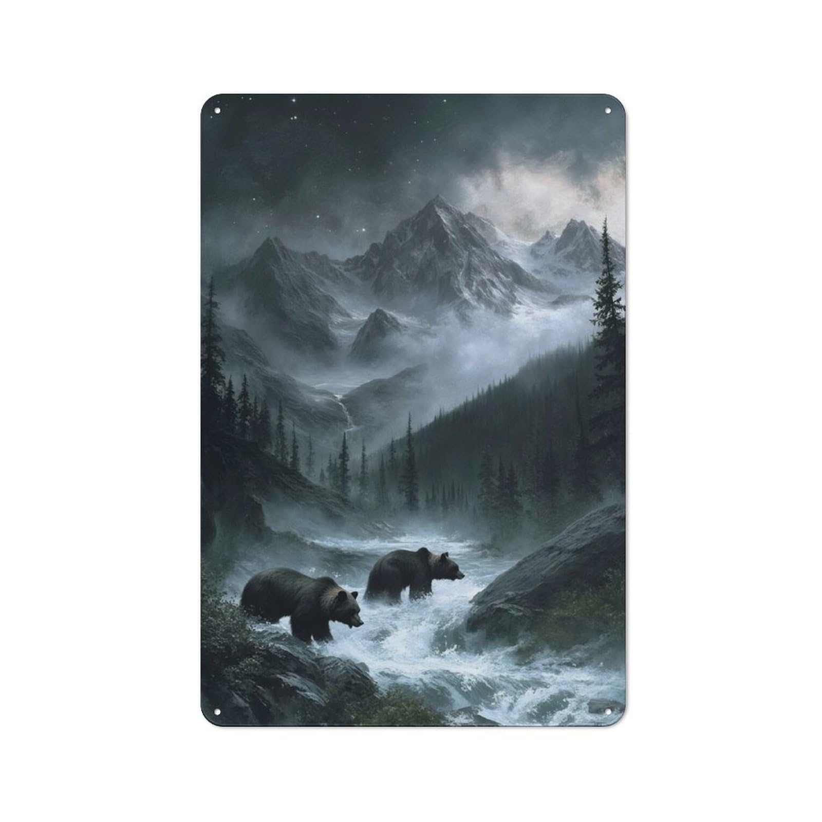 Junmoney Bears In Mountain River Landscape Tin Wall Plaque 30X20cm With For Living Room Or Hallway, For Garage, Workshop And Man Cave Decoration