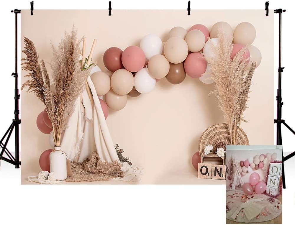 MEHOFOND 8x6ft Girl 1st Birthday Photo Backdrop Pink Balloons Boho Tent Straw Bohemian Theme Party Background Decor Newborn Photography Props Portrait Photobooth Studio