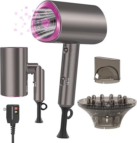 Dxliwky Secador de pelo iónico profesional con difusor y concentrador para cabello rizado, secadora de pelo de viaje con mango plegable, cuidado del