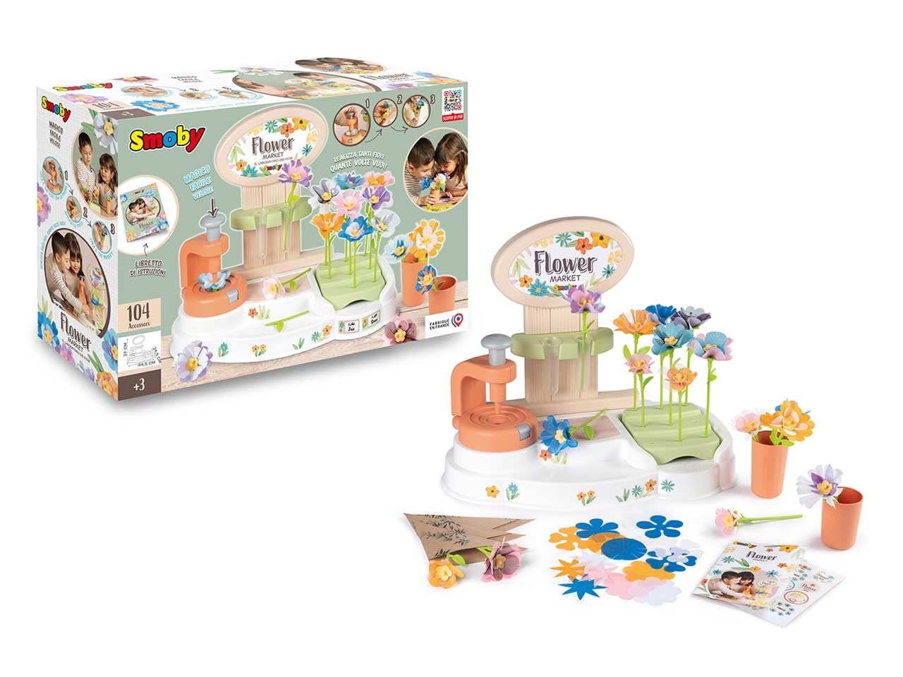 Smoby - Flower Market, Il Laboratorio dei Fiori, 7600350407009, +3 Anni, Crea i Tuoi Fiori, 104 Accessori, Made in France, Versione Italiana