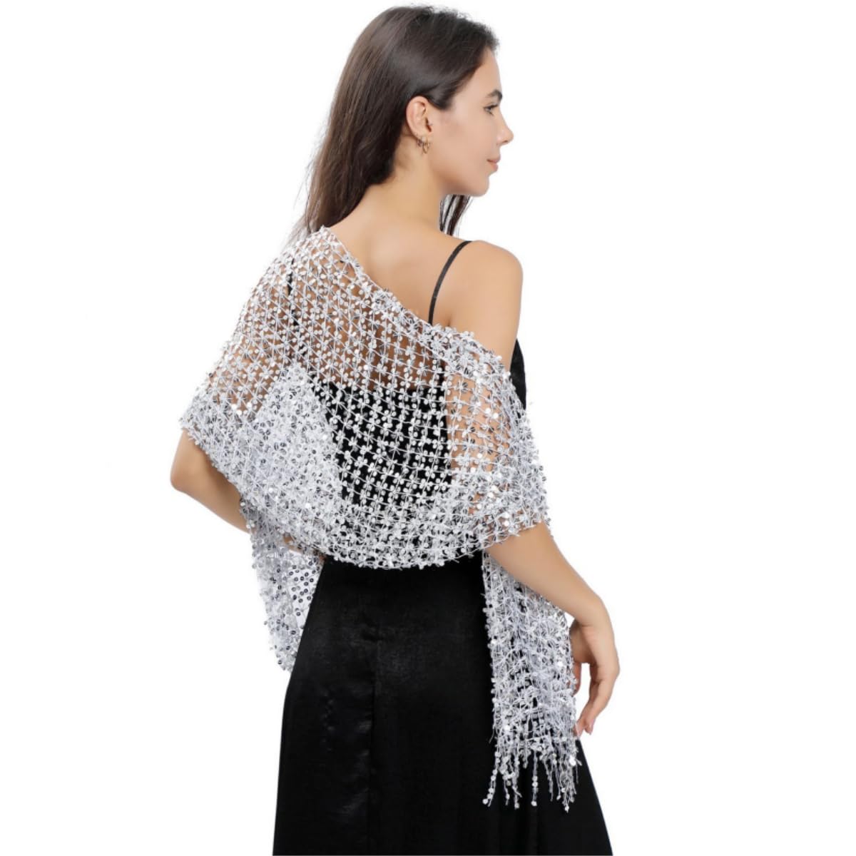 Samheng Women's White Sequin Shawls For Evening Dresses, Vintage Sequin Shawls And Wraps For Formal Party, 1920S Light Soft Scarf Wedding Sparkle Cape Cover Up Wedding Accessories For Disco Cosplay Party Carnival