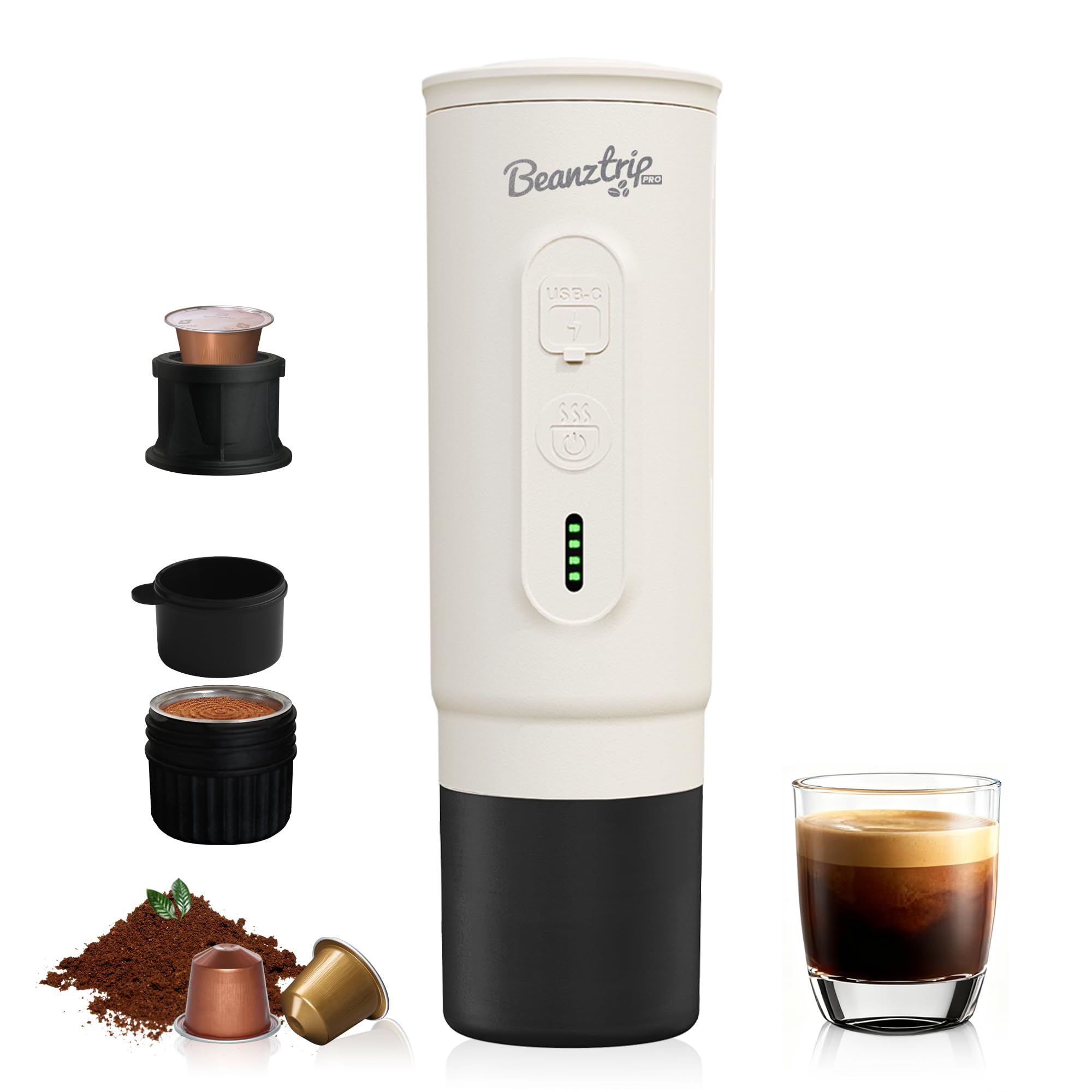 BeanzTrip Portable Electric Espresso Maker – 20Bar, Self-heating, USB-C, Compatible with NS Capsule & Ground Coffee, Mini Espresso Machine for Camping, RV, Hiking & Office, Ideal Gifts for Men