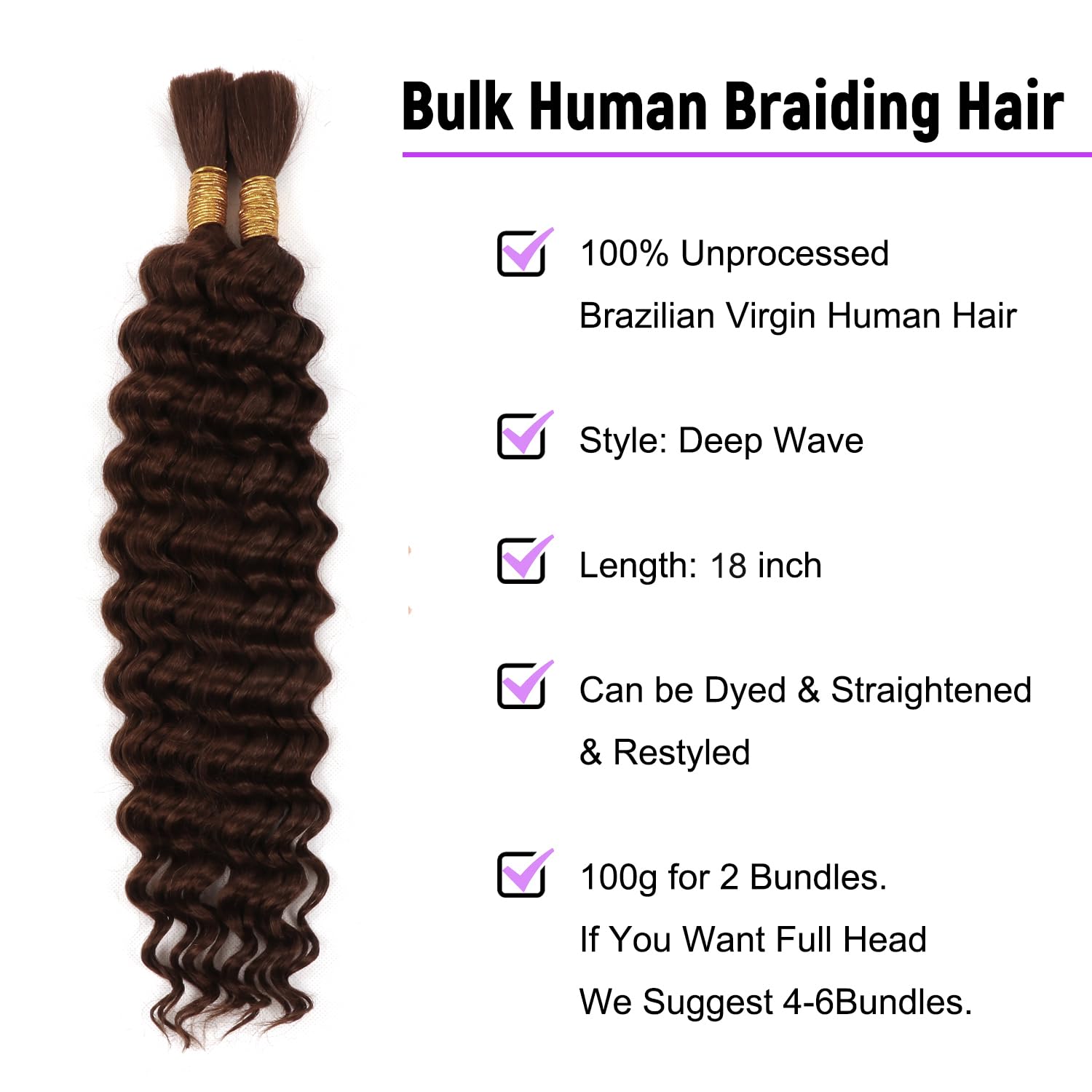 Human Braiding Hair For Boho Braids Human Hair Extensions 18Inch Wet And Wavy Depp Wave Bulk Human Hair For Knotless Braids For Women (4# - Image 2