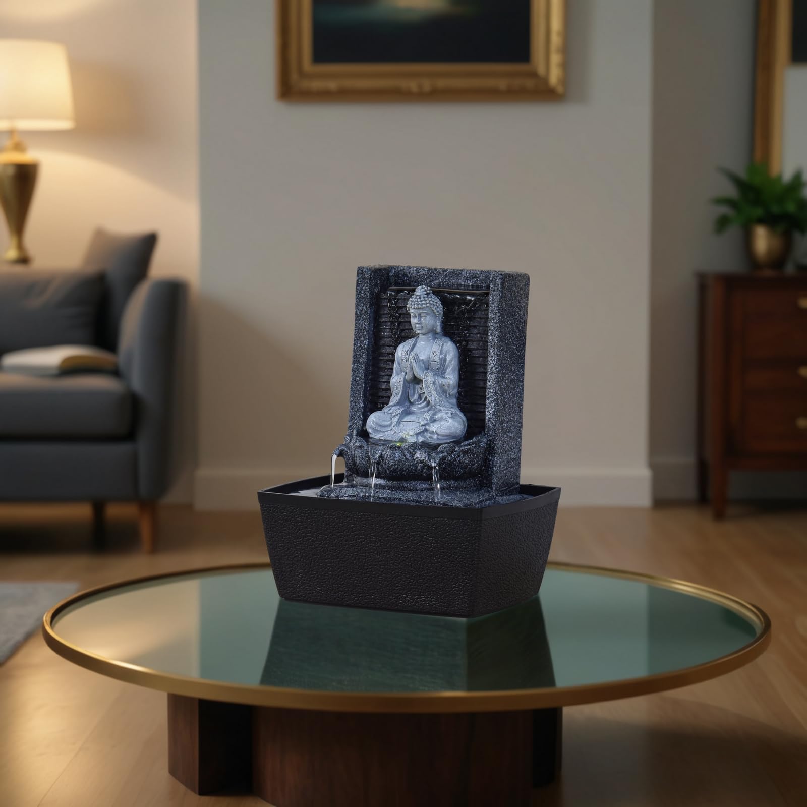 Fontaine d’Intérieur Bouddha Mur d’Eau Cascade Lotus Lumière LED Blanc – Déco Zen Salon Chambre Feng Shui - Fontaine de Table Circuit fermé - Cadeau Utile– H 26cm – Nirvana Zen’Light
