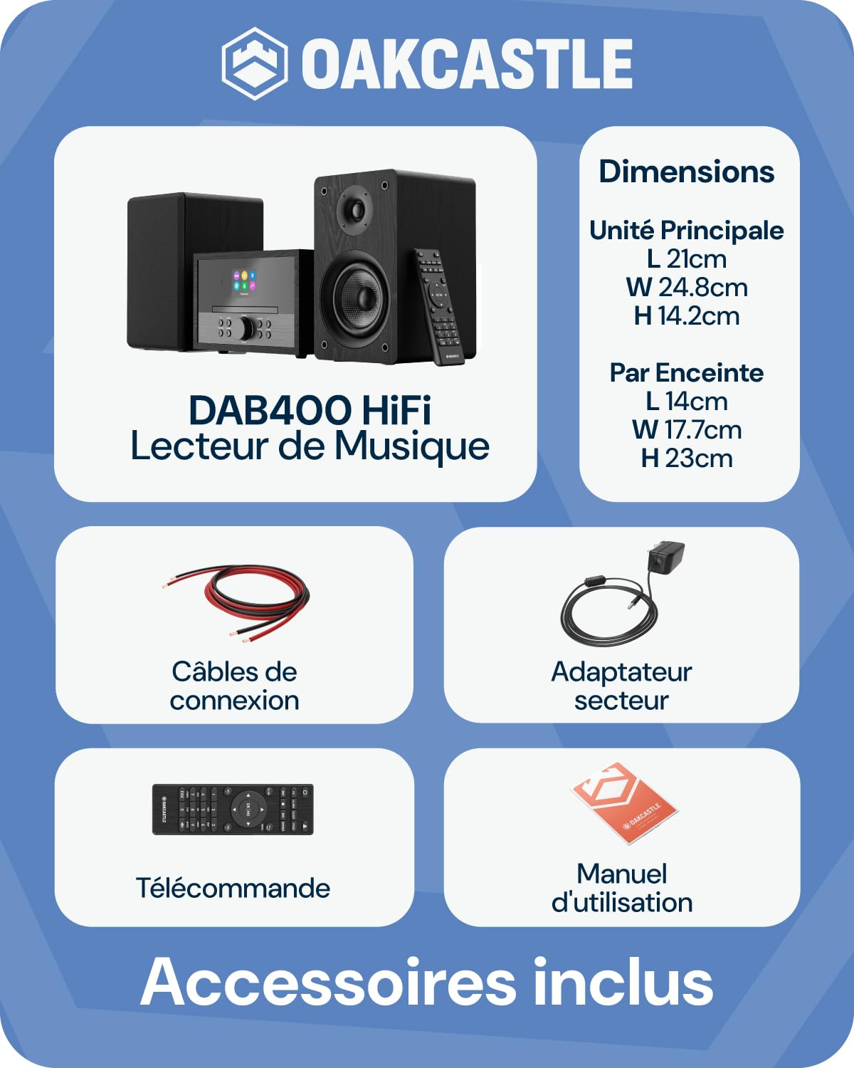 Mini Chaine HiFi, Lecteur CD avec Radio Plus, Haut Parleurs 60W Oakcastle | Haut-Parleurs, Radio Réveil Double Alarme, USB, AUX, MP3, Télécommande, Écran TFT