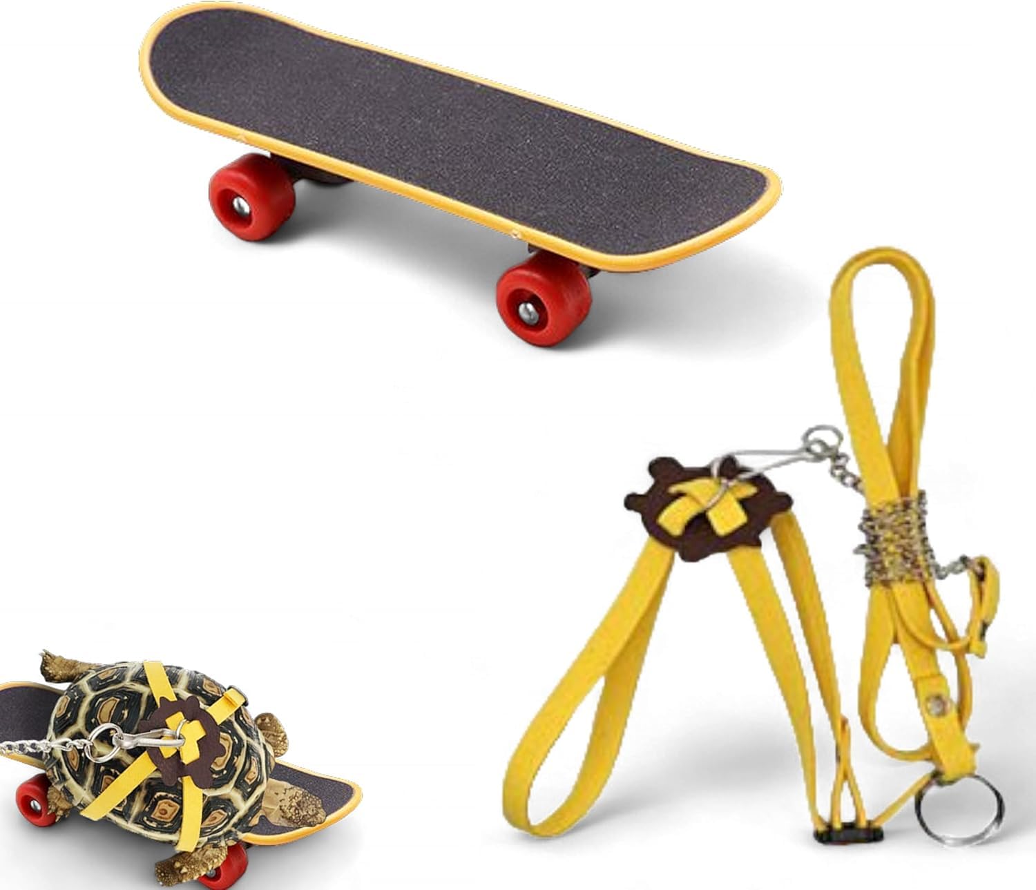 Turtle Toys 2 Funny Fast Skateboard & 1 Adjustable Leash Set Outdoor Walking Control Rope Finger Skateboard for Small Pets Turtle Dragon Bearded Lizard (Small,Yellow)