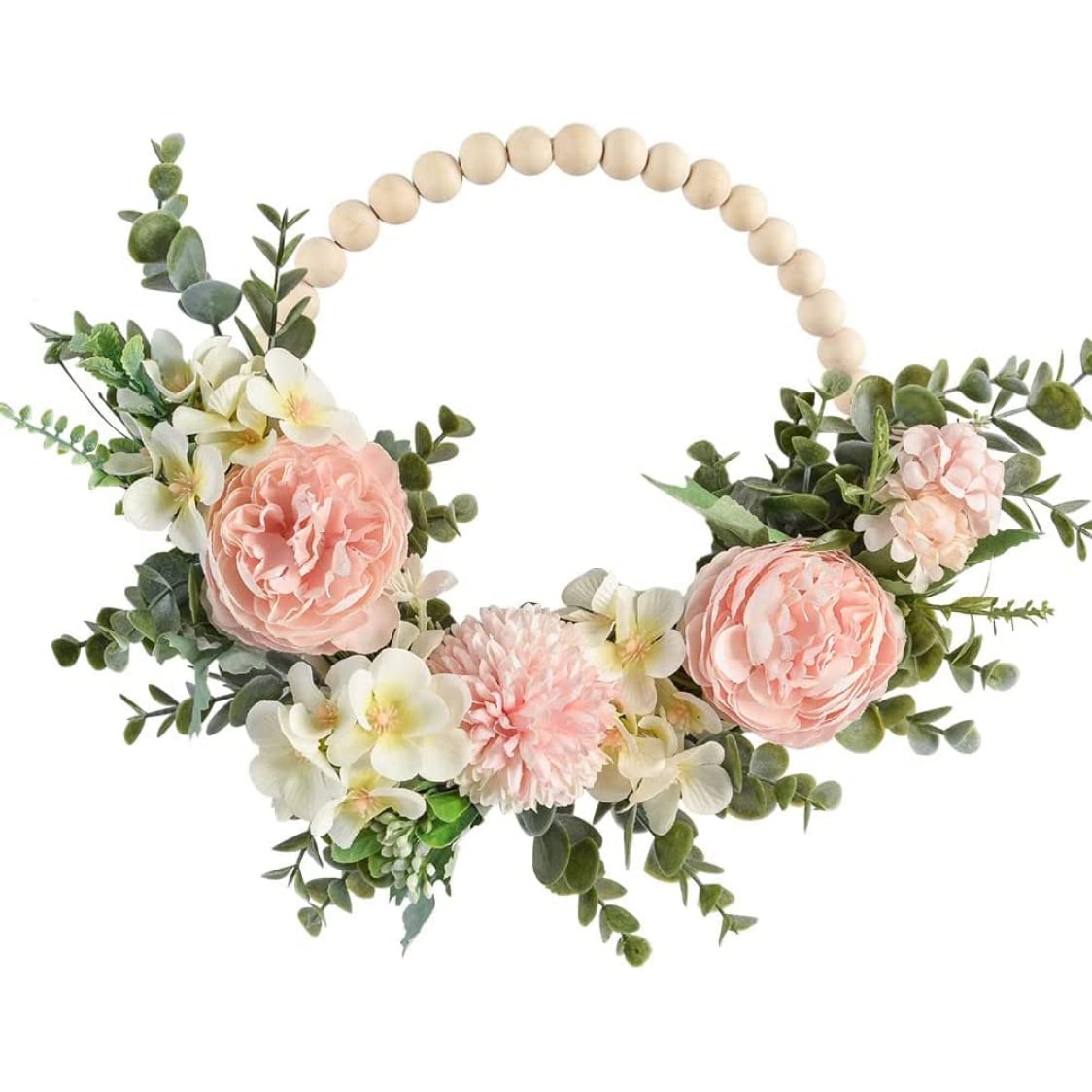 AwnsIMfreien Wood Bead Floral Wreath Artificial Flower with Eucalyptus Leaves Hanging Hoop Wreath for Wedding, Eucalyptus