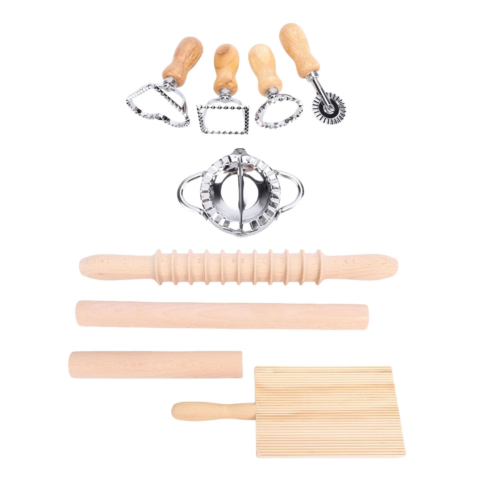 Strumenti per la fabbricazione di Pasta Gnocchi, Kit in Legno di Faggio in Acciaio Inox di alta qualità per una fabbricazione efficace di Pasta per uso familiare, 9 Accessori