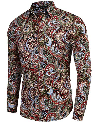 Coofandy ZTJ00Y808_WR_L Men'S Floral Print Button Down Casual Long Sleeve Hawaiian Retro Flower Shirt thumb #2