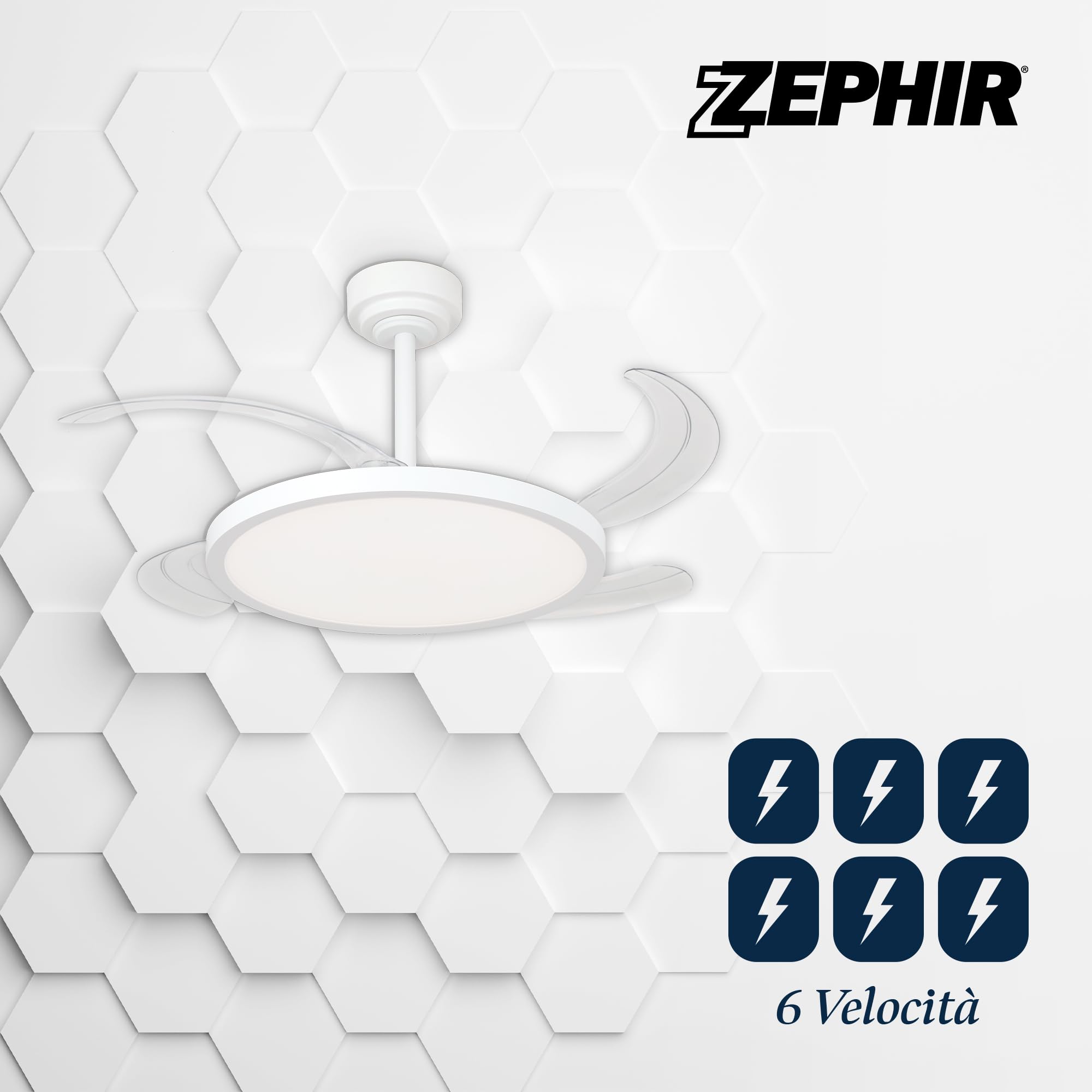 Zephir Ventilatore LED Con Pale A Scomparsa, Luce Bianca CCT 40W, 6 Velocità, Timer, Funzione Reverse E Notturna, 4 Pale Trasparenti, 40x49 Cm