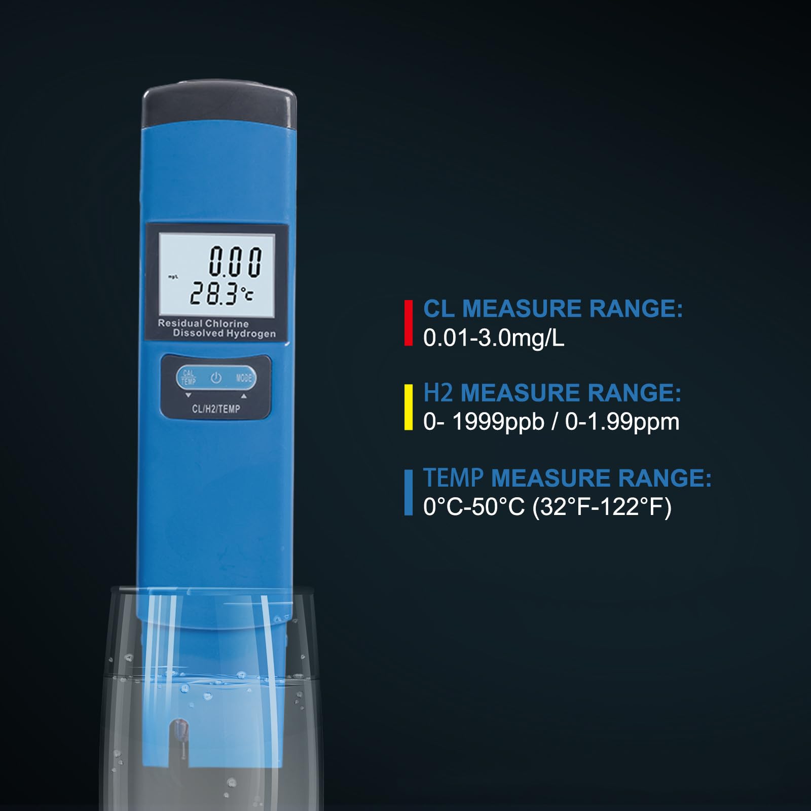 Dispositivo di prova dell'acqua digitale professionale per misurare la concentrazione e la temperatura, tester di sicurezza per bere