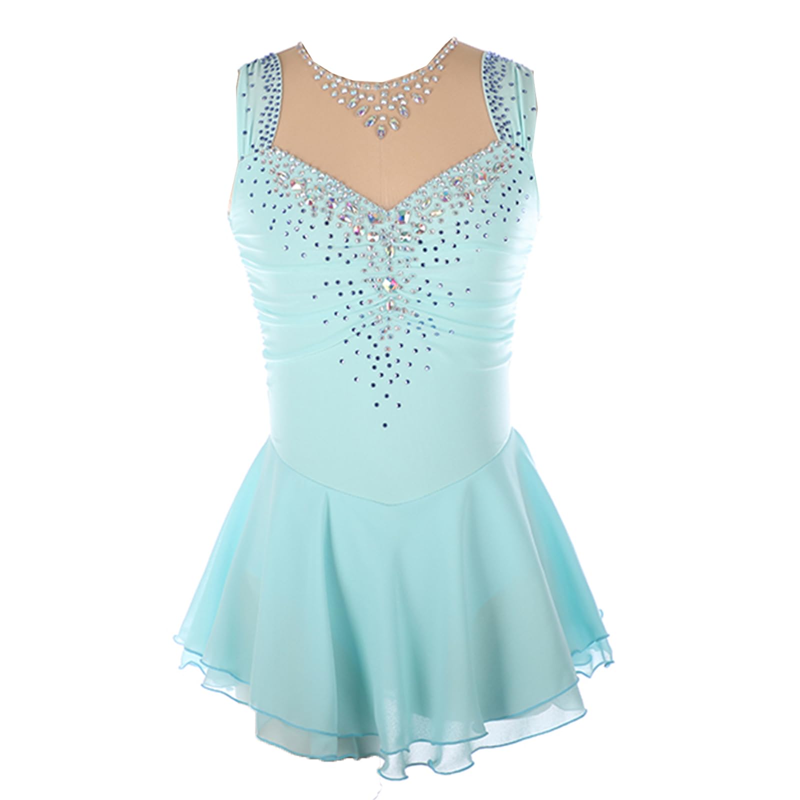 Damen Professionelle Eiskunstlauf Wettbewerb Kleider Weiß Ärmellos Strass Dame Gymnastik Activewear Wettbewerb Training Athletic Weiblich,Light Blue,XXS
