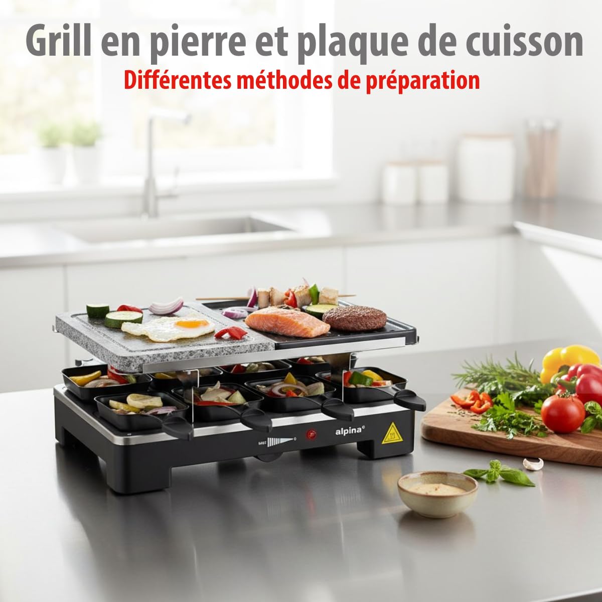 alpina Gril Pierre à Raclette - 8 Poêles - 8 Spatules - 1200-1400 Watt - Thermostat Gourmet Set Plaque de Cuisson