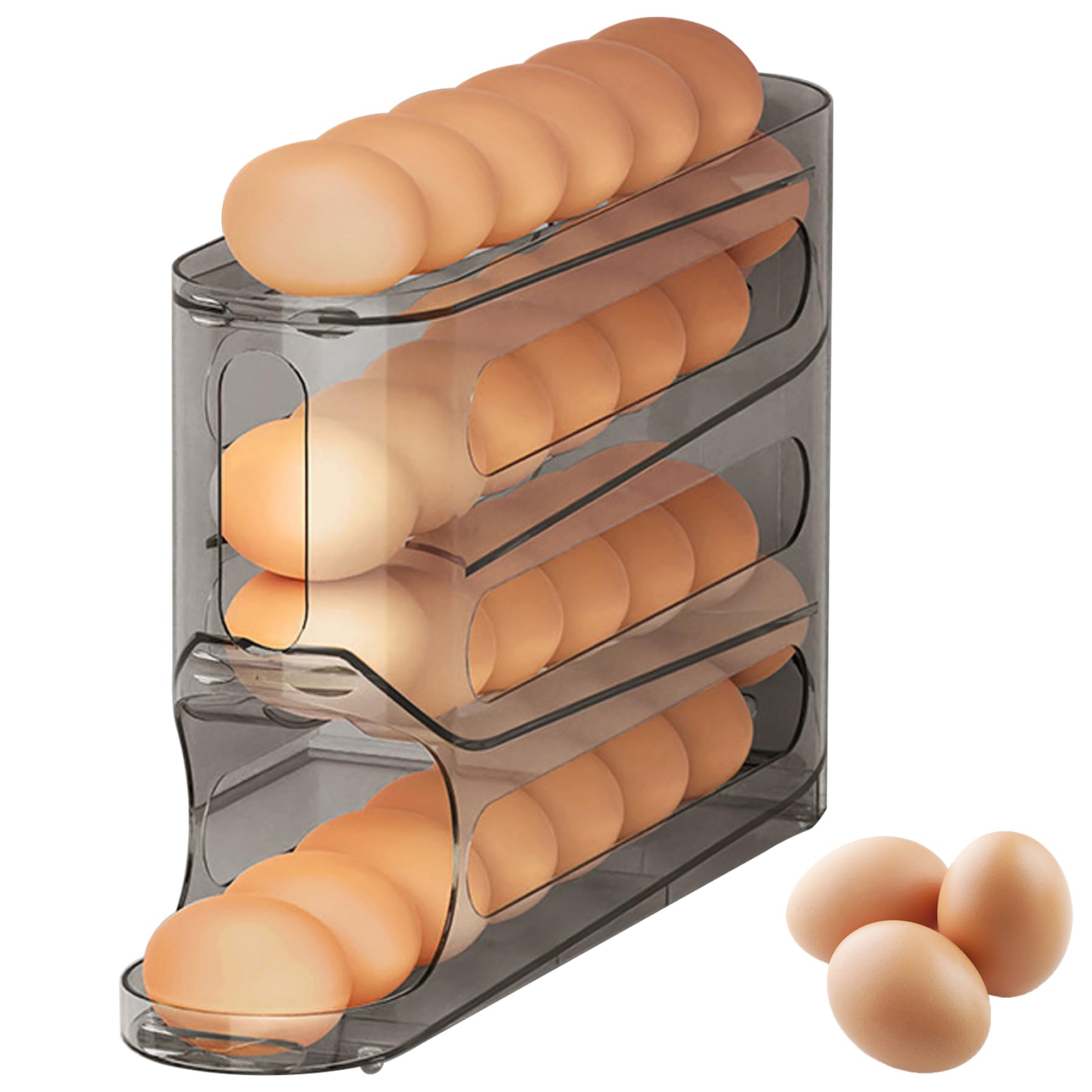 Wilafury Transparent Grey Egg Holder For Fridge, 4 Tiers Auto Rolling Egg Dispenser With 30 Capacity, Space-Saving Gravity-Fed Eggs Storage Organizer For Refrigerator And Countertop