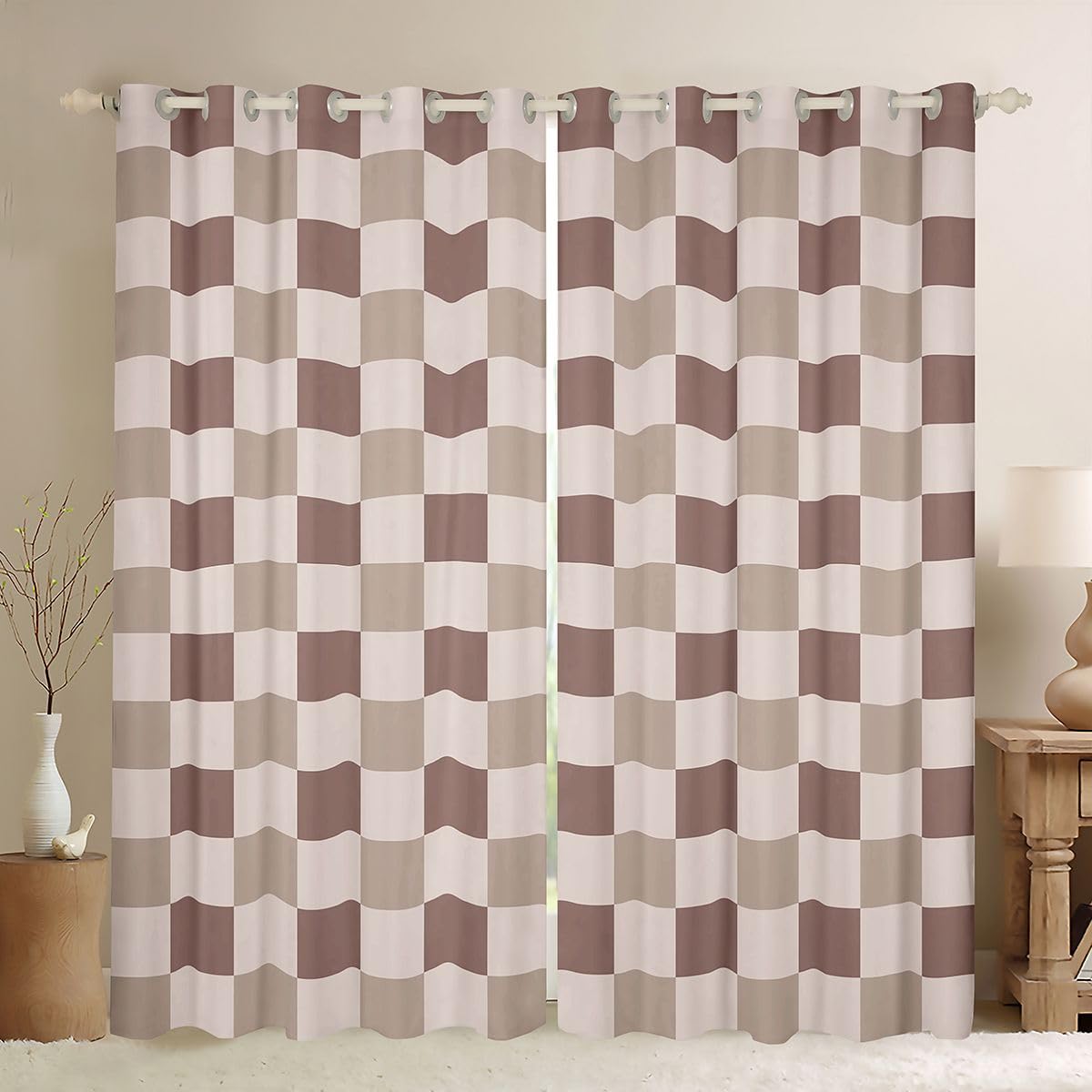 Lot de 2 rideaux de fenêtre marron à carreaux - Taille XXL - 260 x 140 cm - Grille géométrique - Bon rideau occultant - Aquarelle - Grid arc-en-ciel - Pour adultes et enfants