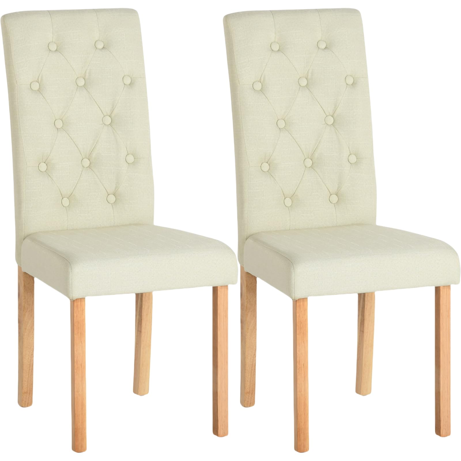 Sillas de Comedor Pack 2, Sillas Cocina con Respaldo Alto, Estructura de Madera Maciza, Asientos Tapizados en Algodón y Lino, Adecuadas para Cocina, Comedor, Sala de Estar, Oficina, Beige