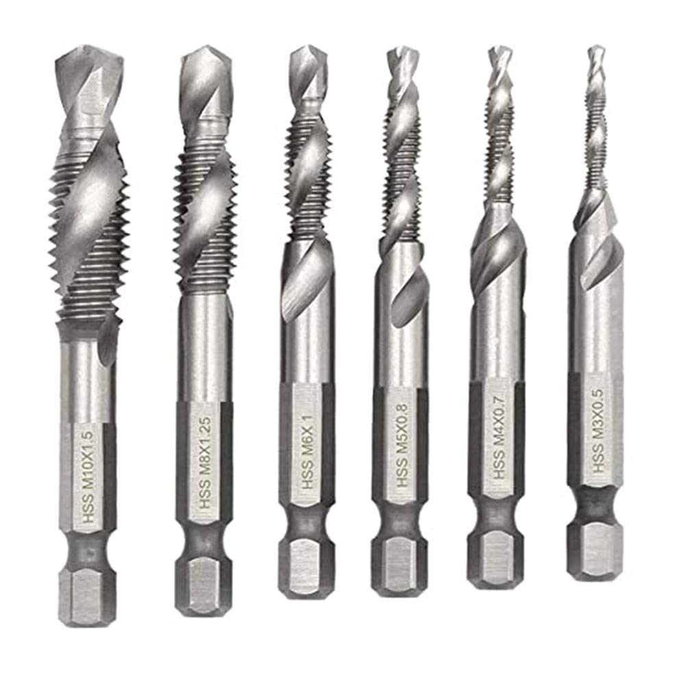 Serplex® 6 Machine Titanium Screw Tap Set HSS Titanium Spiral Flute Drill Taps Metric M3 M4 M5 M6 M8 M10 Thread Tapping Tool 1/4" Hex Shank Countersunk Tap Drill Bit