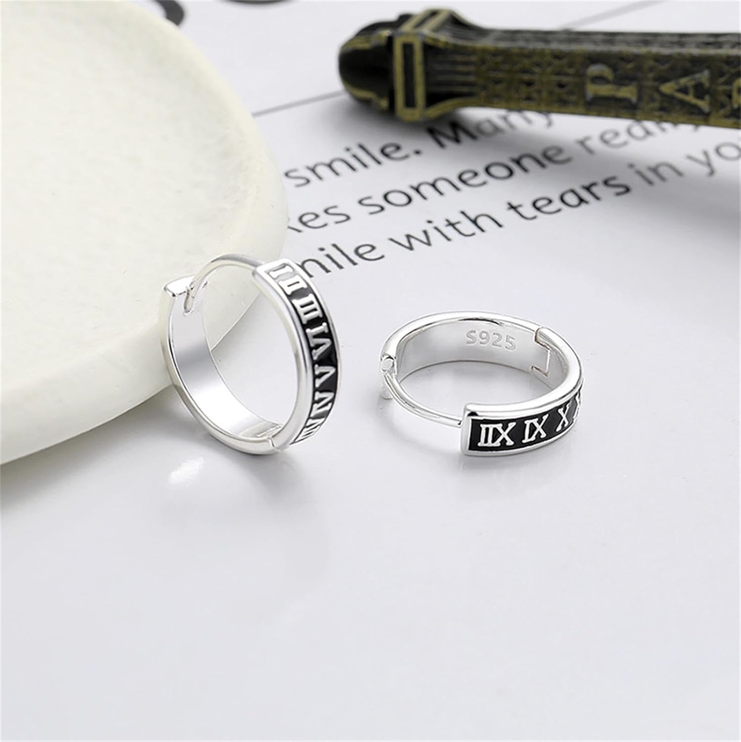 Roman Numerals Hoop Earrings 925 Sterling Sliver Hip Hop Rock Huggie Earrings Hypoallergenic Small Silver Hoop Earrings for Men Women