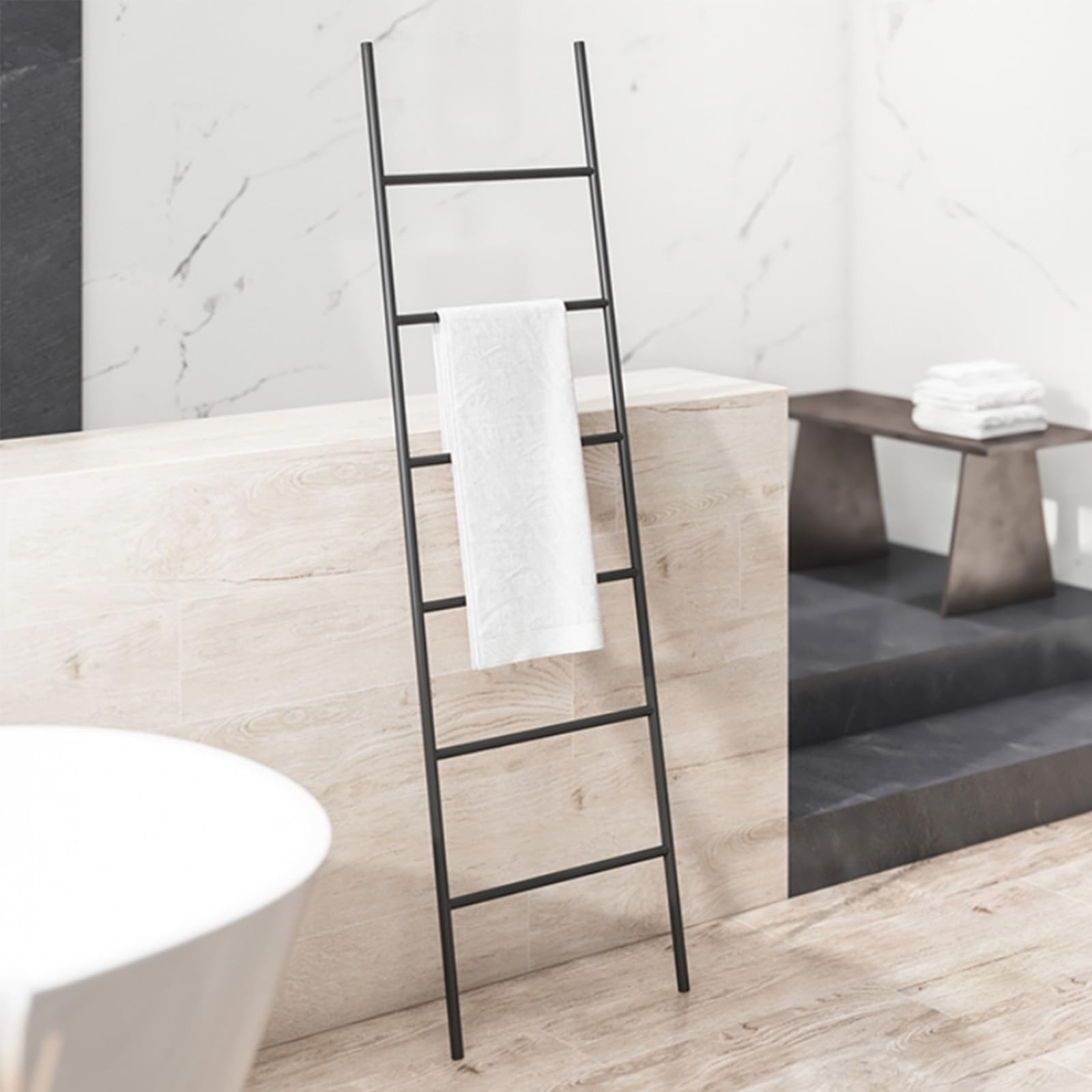 Scala Porta Coperte autoportante a 6 Ripiani in Metallo, Elegante Decorazione per la casa, per Camera da Letto e Soggiorno, stendibiancheria (50x170 cm, Nero)