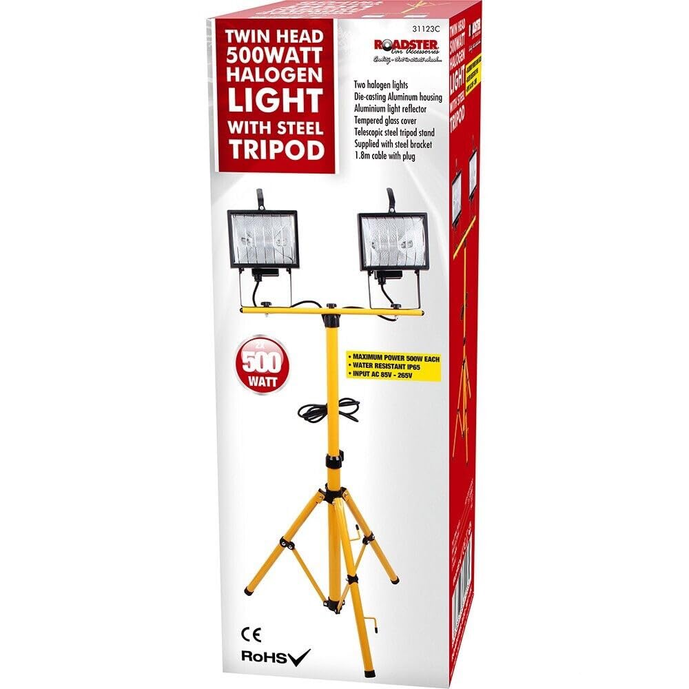 BARGAINS-GALORE 500W Twin Head Telescopic Halogen Floodlight - Work Site Flood Watt Work Light | with Steel Tripod | Multi Purpose DIY, Indoor & Outdoor Lighting, Bright Lights