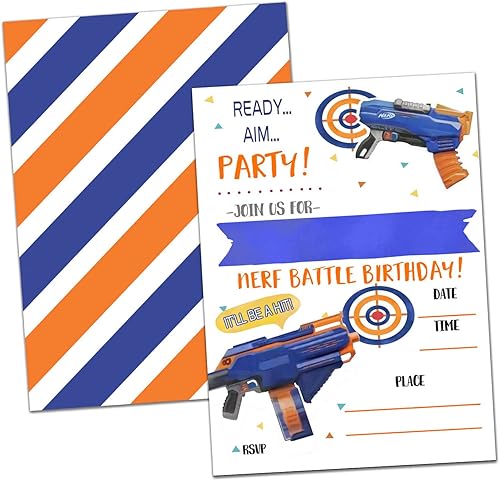 Tarjetas de invitación para fiesta de cumpleaños, celebración de la fiesta de la guerra de dardos, pistola Nerf Battle suministros para fiesta de