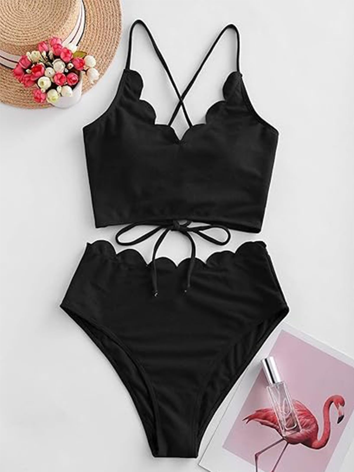 ZAFUL Women's Cute Scalloped Trim High Waisted Bottom Bikini Set Two Piece Bathing Suit Textured Swimsuit,M