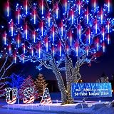Kwaiffeo 4th of July Decorations Outdoor Red White and Blue Meteor Shower Lights for Patriotic Independence National Memorial Day Decorations, 24 Tubes(Equivalent to 3 Sets of 8-Tubes)